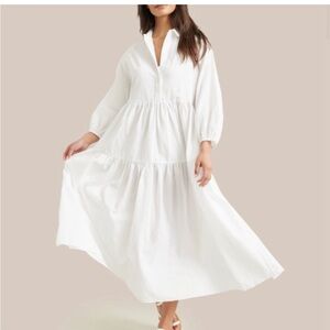 White Modern Citizen Delia Poplin Tiered 100% Cotton Dress | Medium